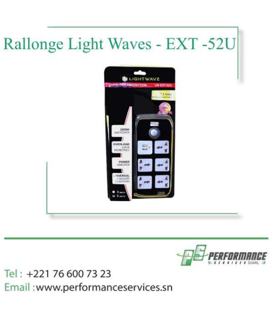 Rallonge Light Waves - EXT -52U - Prise d'extension - 5 ports - 2 ports USB 2P / 3 mètres - 5 voies