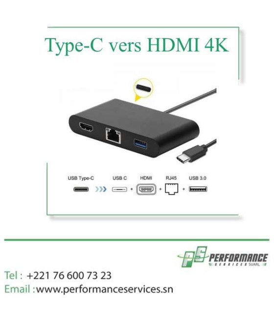 Convertisseur port de charge Type-C vers HDMI 4K USB Type-C  RJ45