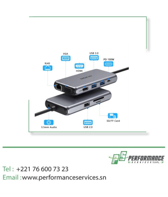 Convertisseur TYPE C: HDMI+USB 3.0+USB 2.0+RJ45+SD+VGA+Port Audio