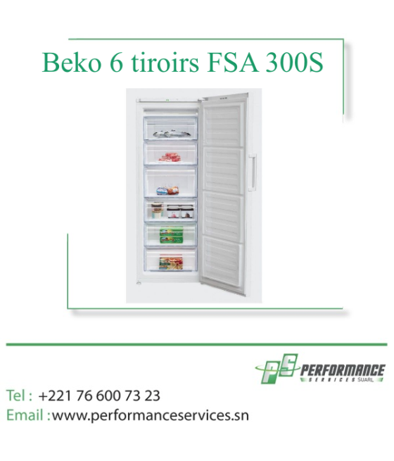 Congélateur Beko Vertical 6 tiroirs Silver Plaq Alu FSA 300S